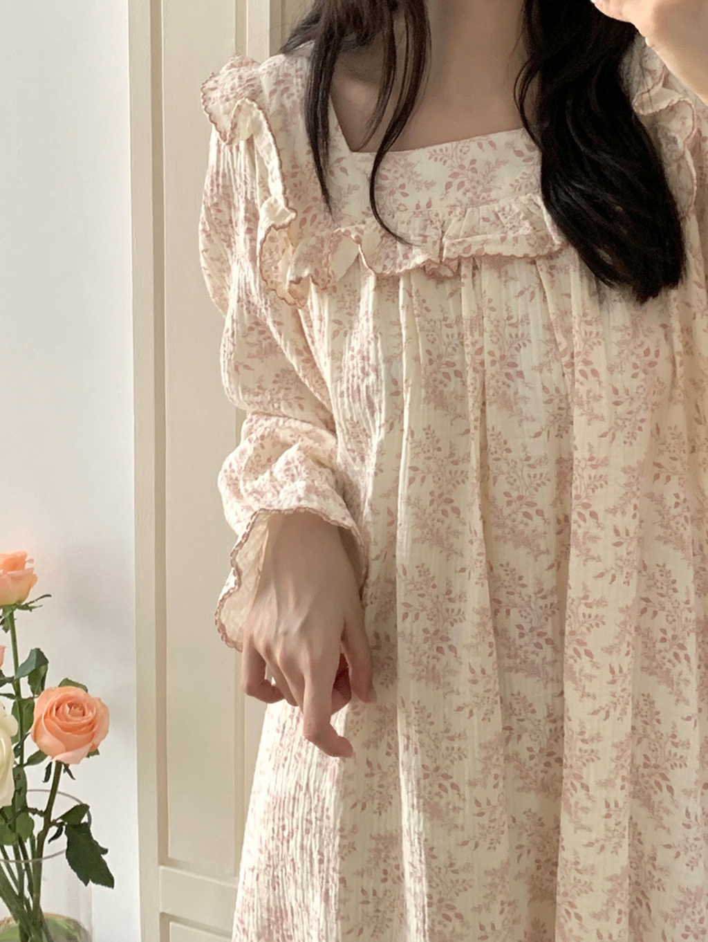 Floral Square Neck Ruffle Nightgown