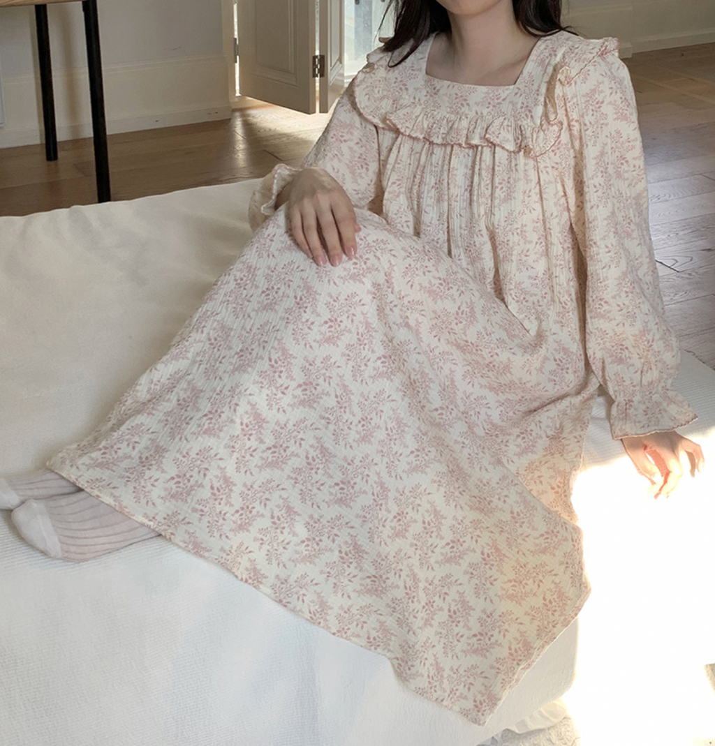 Floral Square Neck Ruffle Nightgown