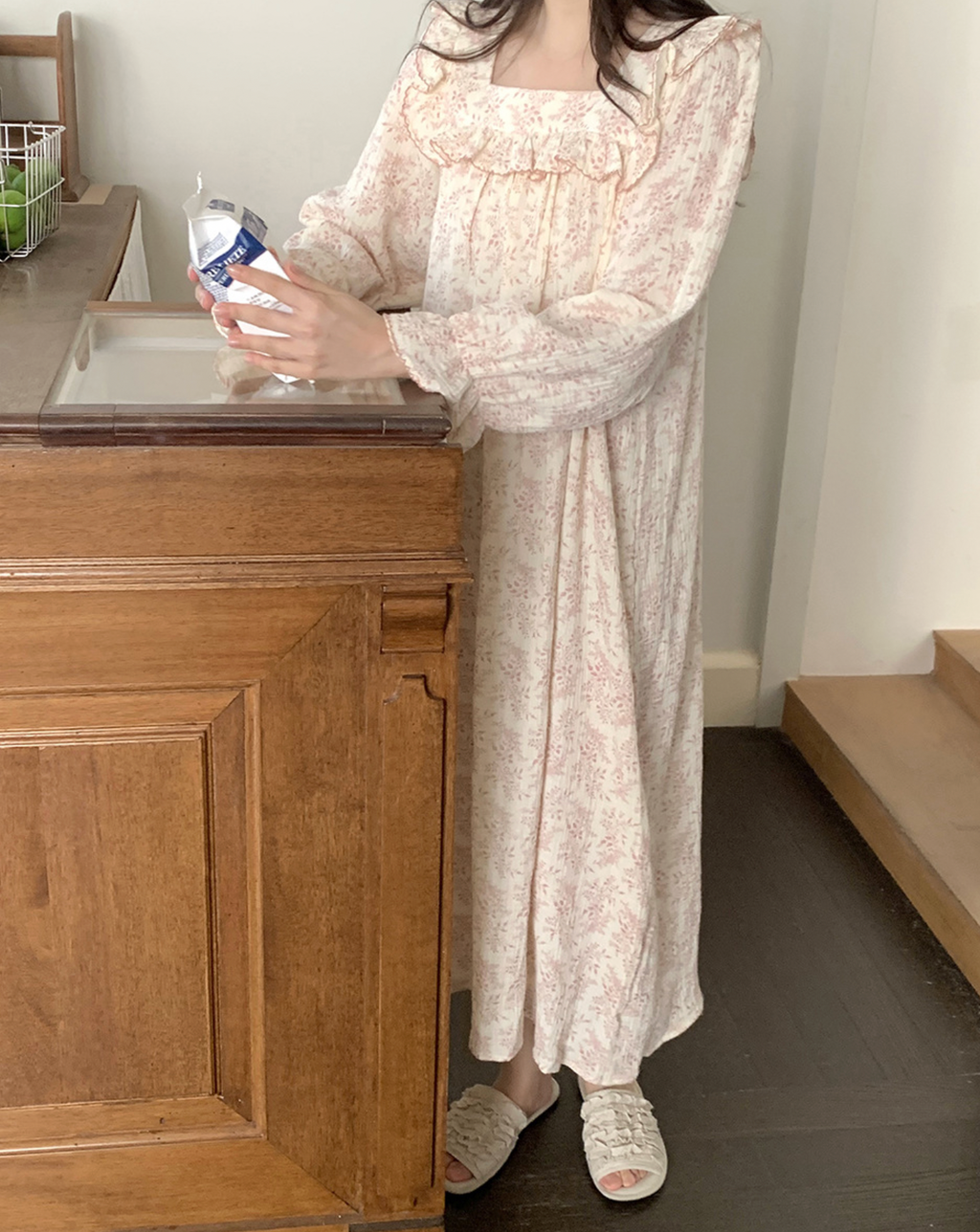 Floral Square Neck Ruffle Nightgown