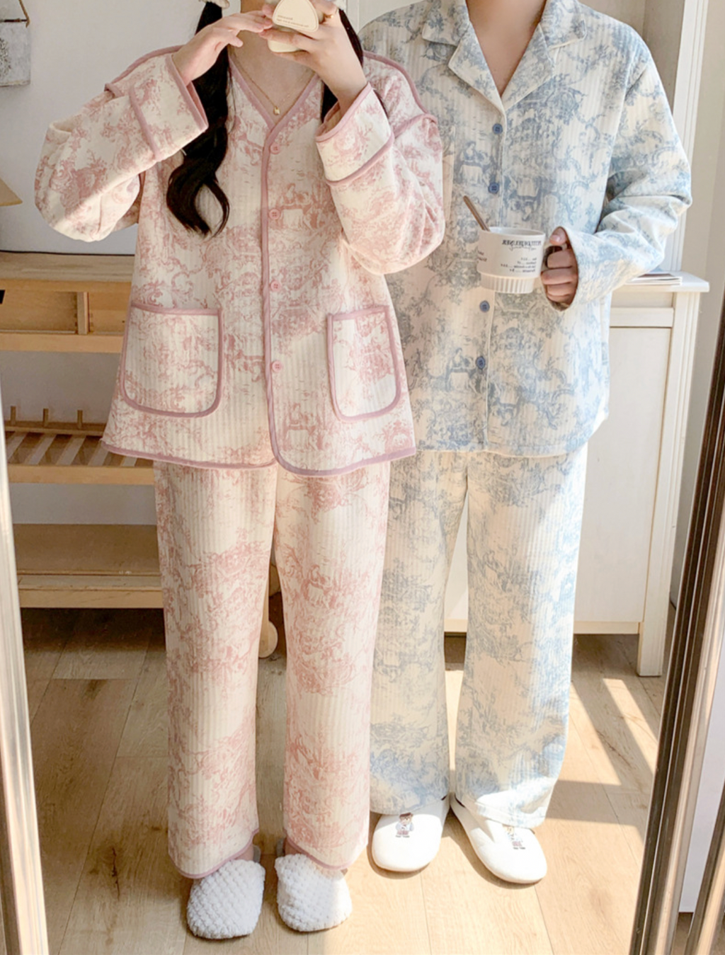 Quilted Toile Print Couple Pajama Set