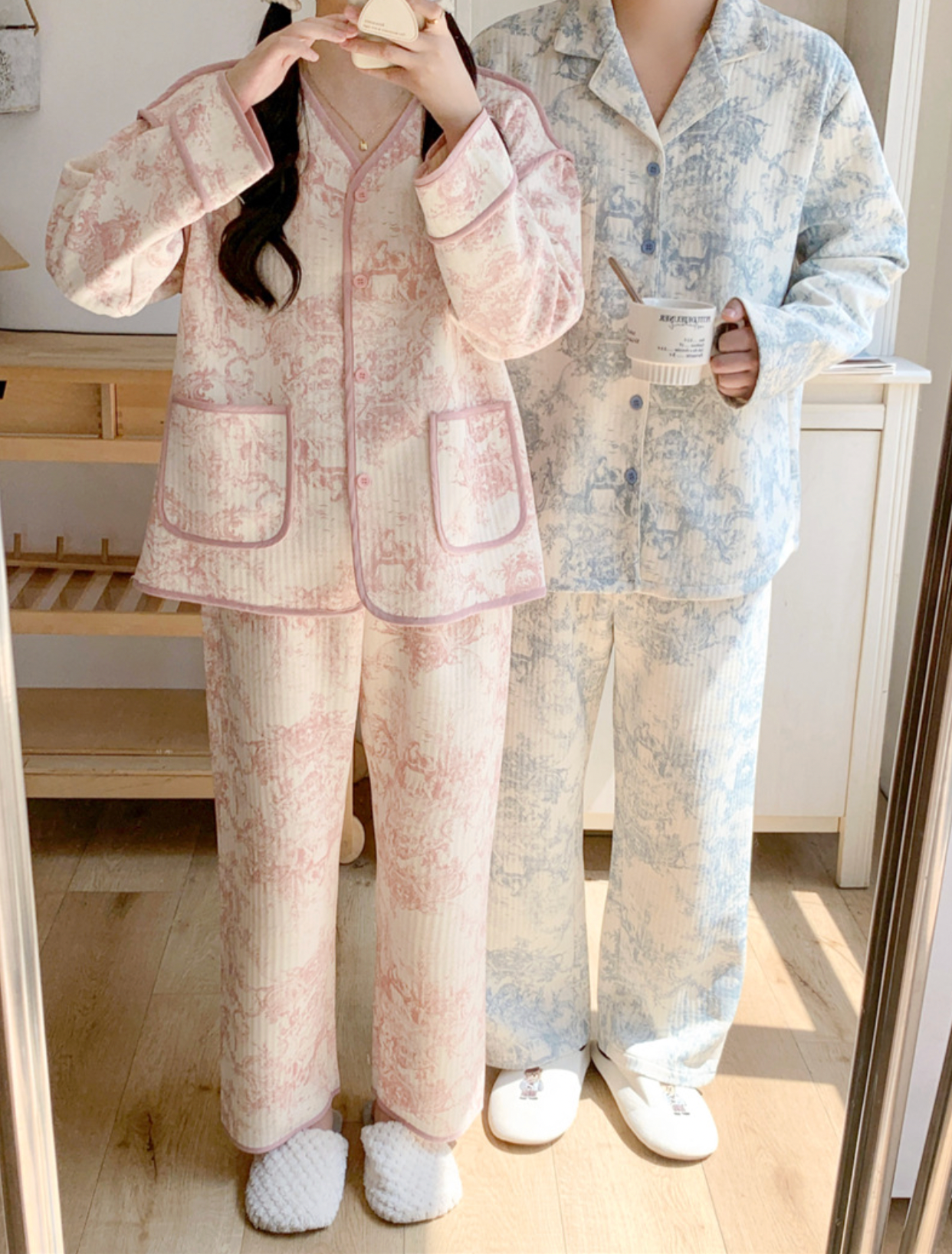 Quilted Toile Print Couple Pajama Set