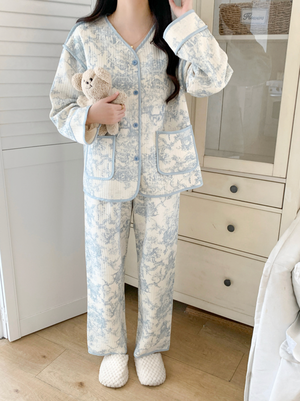 Quilted Toile Print Couple Pajama Set