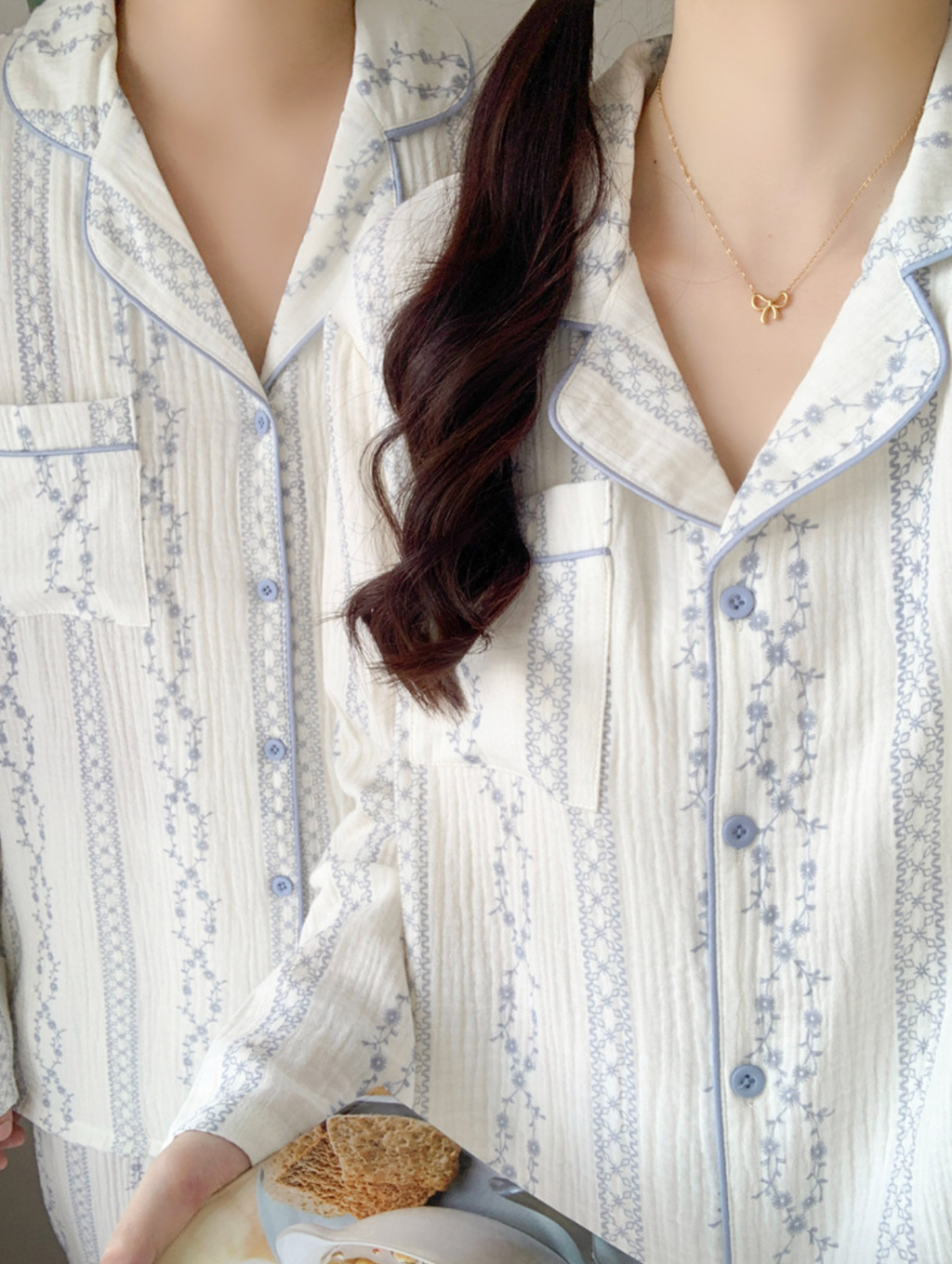 White and Blue Ditsy Floral Print Cotton Pajama Set
