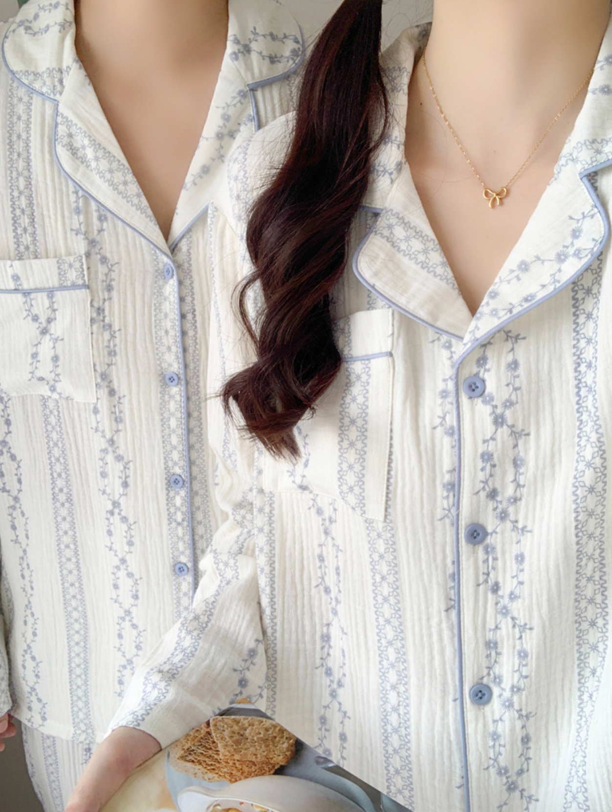 White and Blue Ditsy Floral Print Cotton Pajama Set