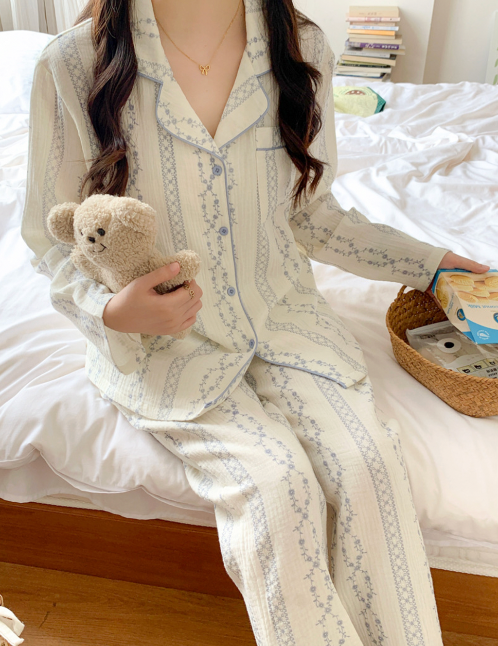 White and Blue Ditsy Floral Print Cotton Pajama Set