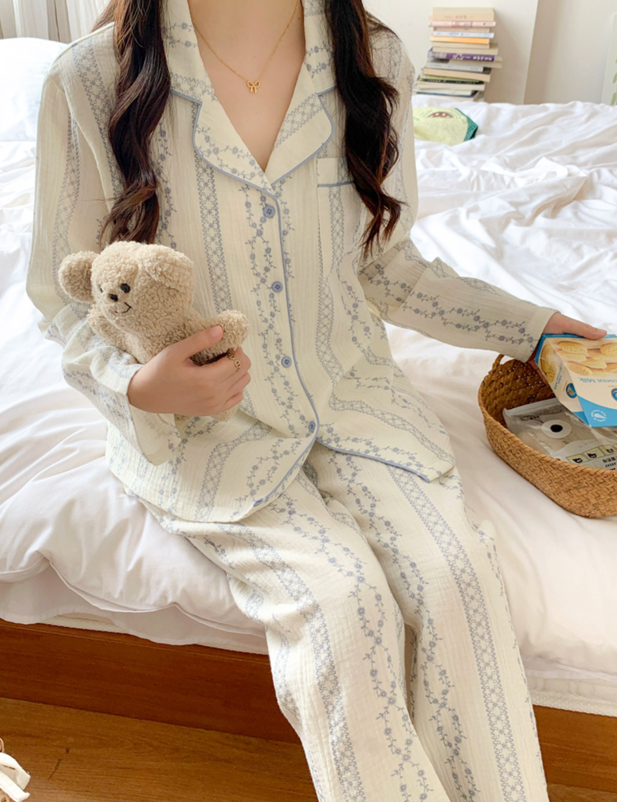 White and Blue Ditsy Floral Print Cotton Pajama Set