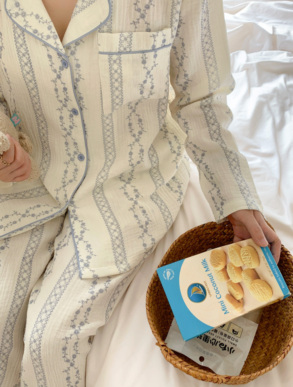 White and Blue Ditsy Floral Print Cotton Pajama Set