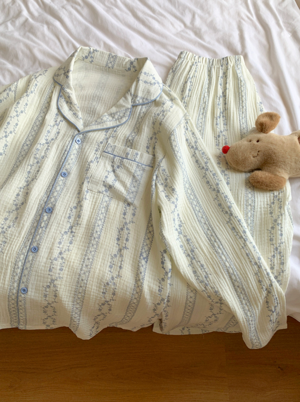 White and Blue Ditsy Floral Print Cotton Pajama Set