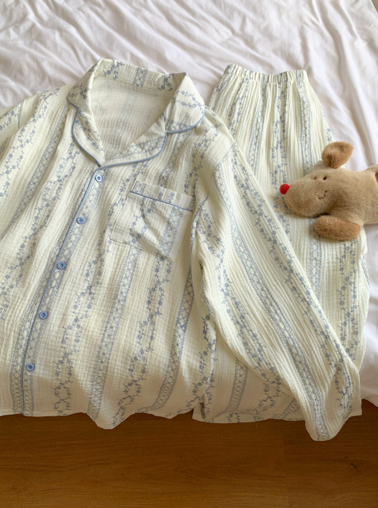 White and Blue Ditsy Floral Print Cotton Pajama Set